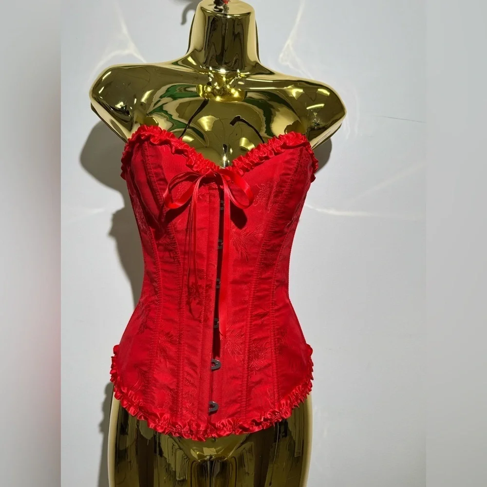 Red Satin Lace Up Corset XS Strapless Bustier Top Y2K